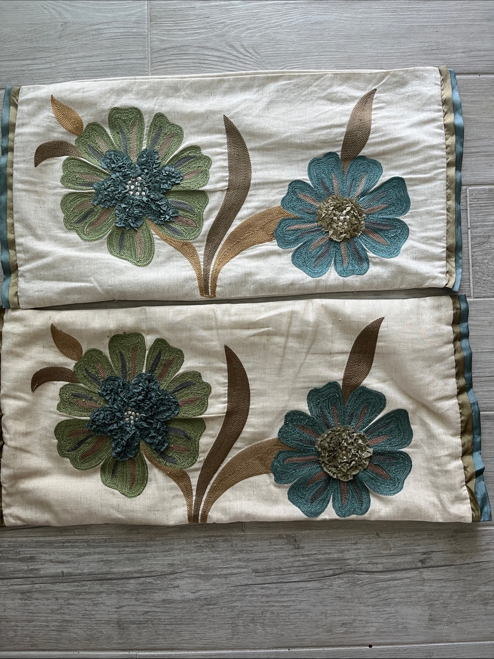 2 Pier 1 floral embroidered lumbar pillow shams textured 3D aqua green 12x24